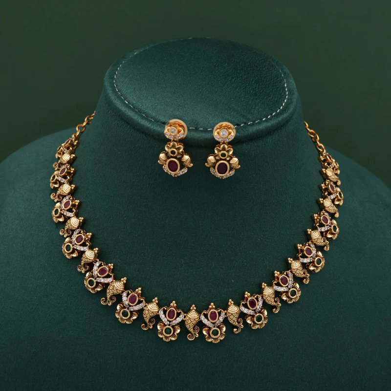 Antique Shankh Flower AD Premium Necklace set